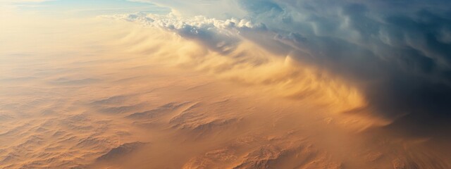 Fototapeta premium An epic aerial perspective of a massive dust storm sweeping across the Sahara Desert, Sahara dust storm scene, Epic style