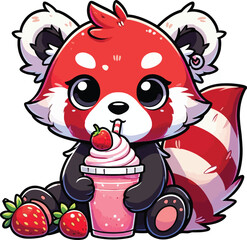Cute Red Panda Enjoying a Strawberry Milkshake, vector,eps