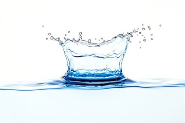 A dynamic splash of blue water with droplets scattering, on a white background. Concept of freshness, purity, and motion. Ai generative