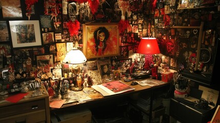 A creative dorm setup featuring a glowing lamp, a painting, and festive red decorations on a cluttered desk