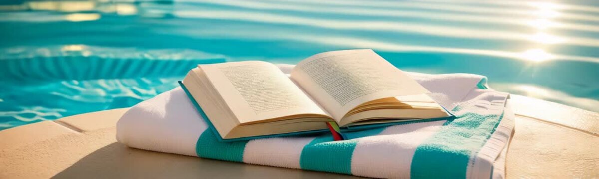 Open book on swimming pool edge during sunny day. Copy space for text banner. Travel and vacation concept
