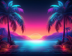 Naklejka premium beautiful fantastic sunset on the beach with palm trees and a big evening sun against the background of the starry sky in retrowave style