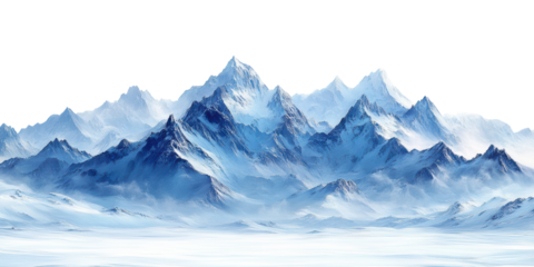 Snowy mountain peaks with misty valleys, winter landscape, majestic alpine scenery, frozen wilderness, cold weather, travel adventure, natural beauty, isolated on transparent background
