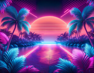 beautiful fantastic sunset on the beach with palm trees and a big evening sun against the background of the starry sky in retrowave style