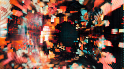Obraz premium Vibrant digital abstract art showcasing colorful pixel patterns and dynamic depth perception in a contemporary setting