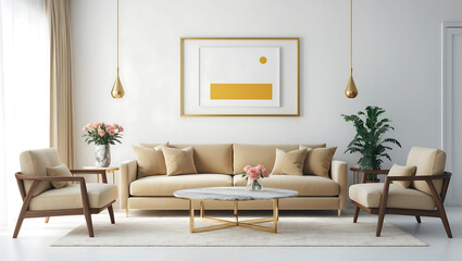 Obraz premium Stylish living room interior with sofa and drawer with art decoration concept with mock up canvas poster on molding wall image. White living room interior two armchairs and coffee table on carpet.