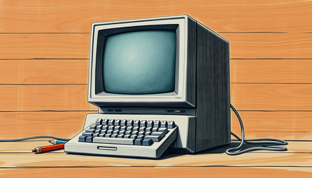 Vintage old computer from the 90's on wooden background, crayon drawing, with white tones
