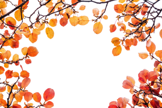 Orange autumn leaves on tree branches forming a natural frame, seasonal fall foliage in vibrant colors, rustic outdoor nature design, isolated on transparent background