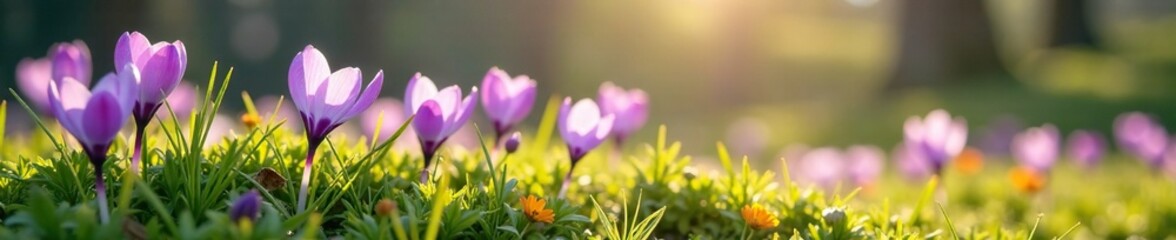 Crocus flowers swaying gently in a breeze on a grassy hillside, natural scenery, gentle breeze