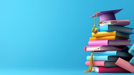 A stack of colorful textbooks with a graduation cap on top, symbolizing academic success and milestones