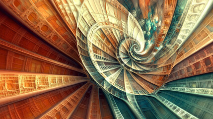 Intricate spiral pattern showcasing vibrant colors and dynamic shapes in a detailed abstract design