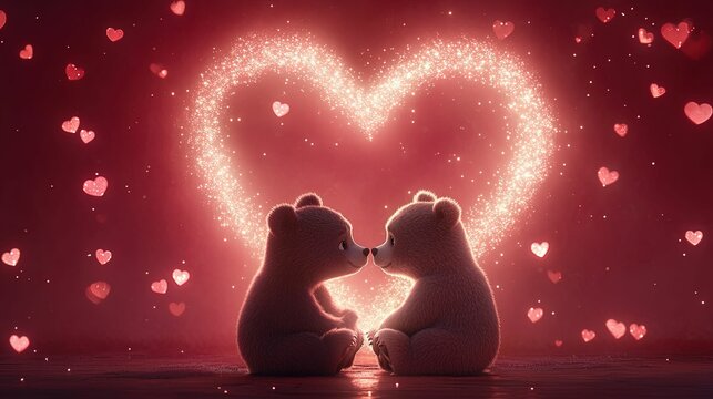Cute animated bears share a romantic moment, surrounded by glowing hearts, symbolizing love and affection in a whimsical setting.