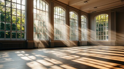 Fototapeta premium A peaceful empty classroom with sunlight streaming through large windows