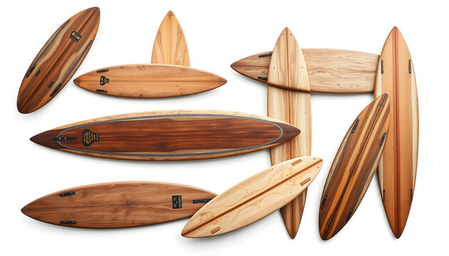 Collection of vintage wooden fishboard surfboard isolated on white with clipping path for object, retro styles, dramatic atmosphere