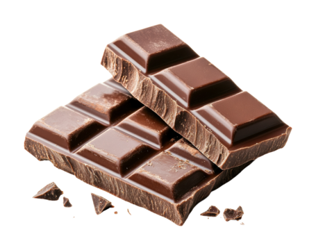Two chocolate bars with smooth texture and rich cocoa flavor, perfect for dessert projects, food advertising, or culinary visuals isolated on transparent background.