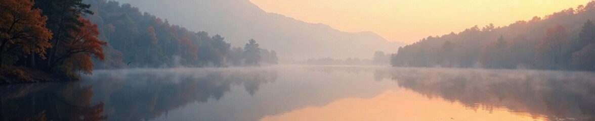 Foggy lake mist rises from the cross river at dawn, autumn, reflection, morning