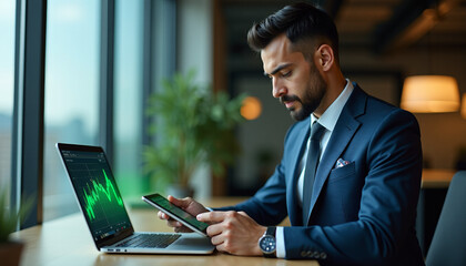 Businessman Analyzing Market Trends with Laptop and Tablet