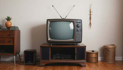 Old fashioned interior - vintage television set on stand, vibrant, with white tones