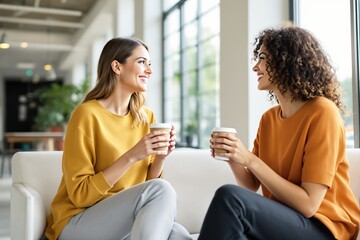 Two women in casual outfits smiling and holding coffee cups, sitting on a white sofa in a bright, modern cafe. Friendship and relaxation concept. Ai generative