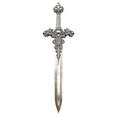ornate silver sword with detailed hilt full view isolated on a white background