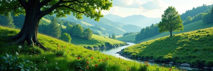 Lush forest with rolling hills and winding streams, tree, serene