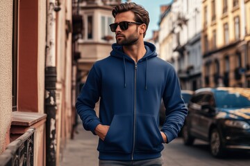 A stylish young man wearing a blue color zipped hoodie mockup and sunglasses, walking confidently down a city street. The background features urban architecture and parked cars.
