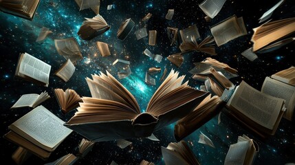 Fototapeta premium A creative representation of knowledge as a galaxy of glowing books and letters swirling in space