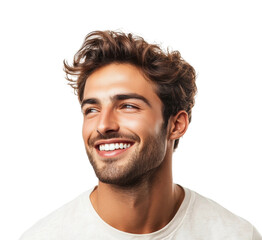 Smiling man with wavy brown hair, white teeth, cheerful confident look, casual style portrait, natural beauty and happy expression isolated on transparent background