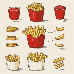 Cartoon-style representation of various servings of french fries in red and white containers, alongside dipping sauces. the fries are arranged in cups and bowls, with a focus on different cuts and fry