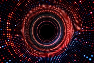 Abstract circular pattern of bright red and blue glowing dots forming a hypnotic tunnel shape, on a dark background. Concept of digital technology. Ai generative