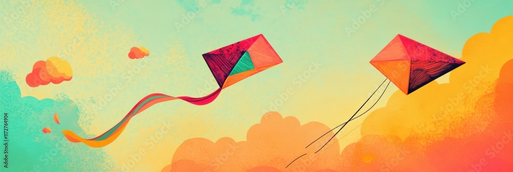 Poster colorful kites soaring through a vibrant sky filled with fluffy clouds during a sunny afternoon of a