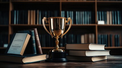 A close-up of a golden trophy surrounded by academic books and certificates, representing academic achievement