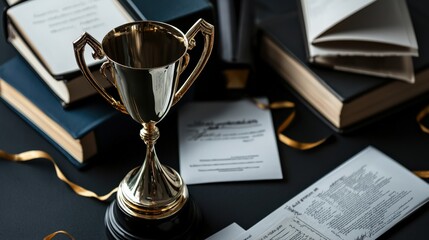 A close-up of a golden trophy surrounded by academic books and certificates, representing academic achievement