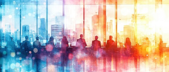 Business Meeting with Professionals Overlooking City Skyline Through Large Windows at Sunrise