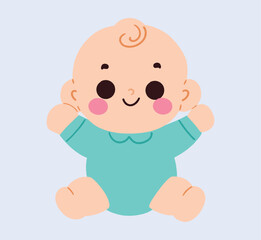 Adorable Happy Baby in Teal Onesie Infant Illustration Cute Cartoon Child