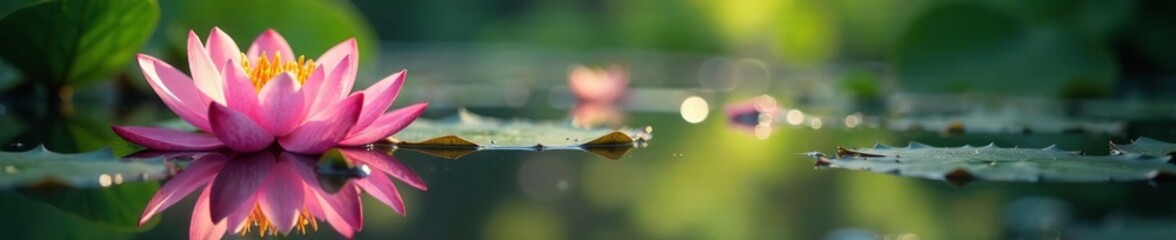 Fototapeta premium Reflections of lily flowers in the water's surface, garden, peaceful