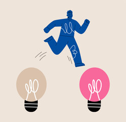 Man jumping from old to new shiny lightbulb idea. Colorful vector illustration