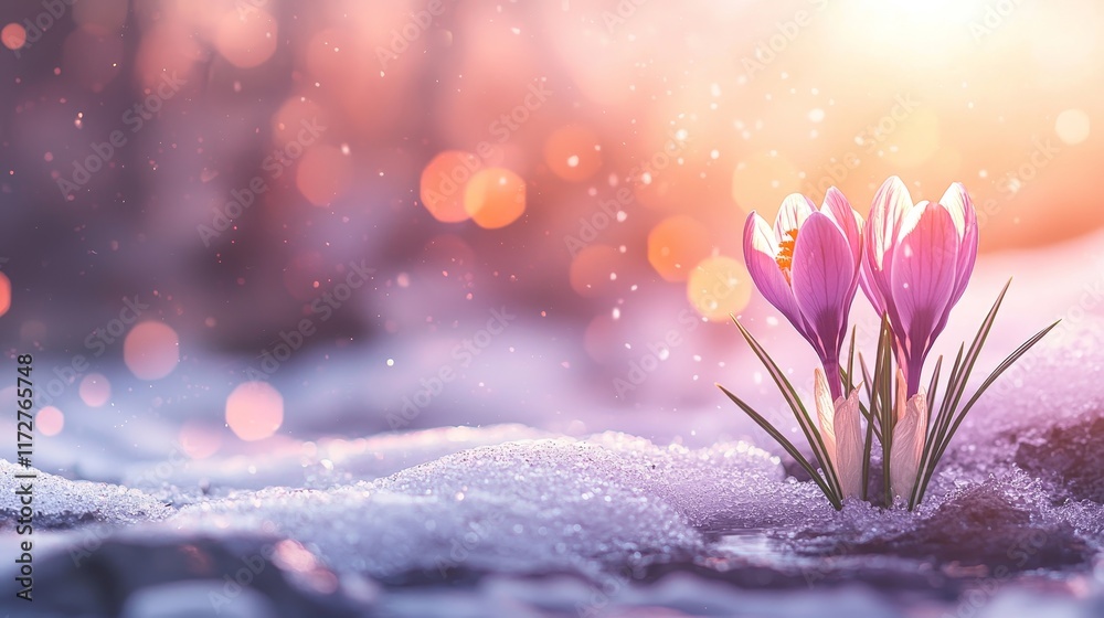 Wall mural Purple Crocuses Blooming Through Snow in Early Spring