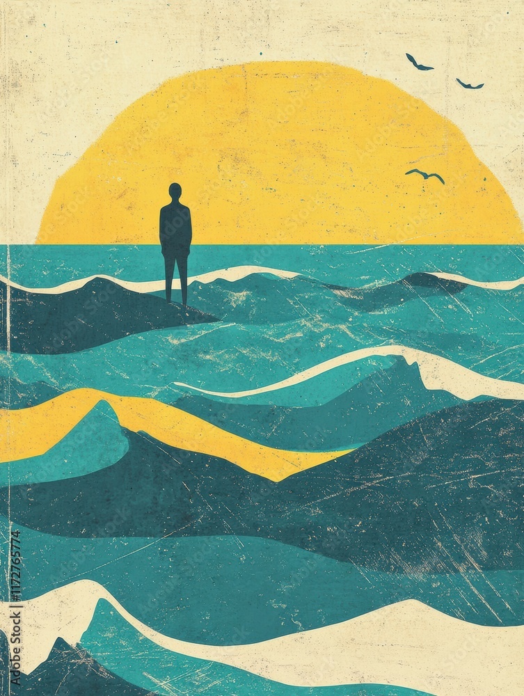 Poster Man standing on ocean waves under golden sun in retro risograph style art. Generative AI