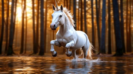 A surfing competition featuring a magical unicorn in a mystical forest with a rainbow. High Quality