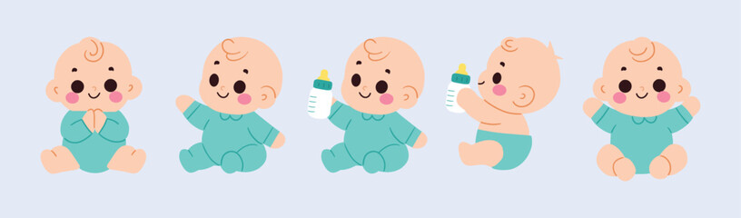 Adorable Baby Illustrations Five Poses Cute Cartoon Infants Smiling Playing Bottle Feeding