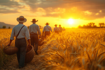 group of diverse farmers working in golden wheat field during sunset