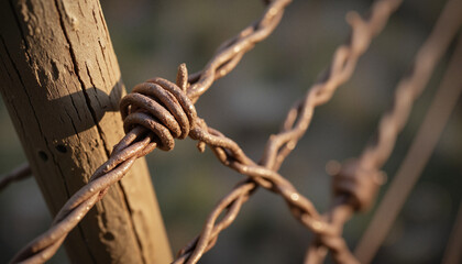 Barbed wire fence close-up on wooden post