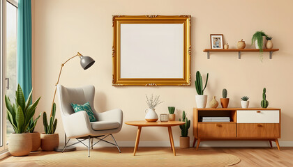 Mid-century modern living room interior with gold frame mockup. Retro design, stylish furniture, home decor