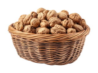 Basket filled with fresh walnuts, perfect for food photography, natural product visuals, or culinary projects isolated on transparent background.