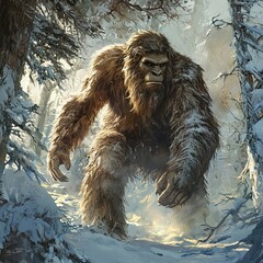 A depiction of Sasquatch, the mythical and elusive creature, in winter forest. Perfect for fantasy, folklore, and mythical creature-themed designs.