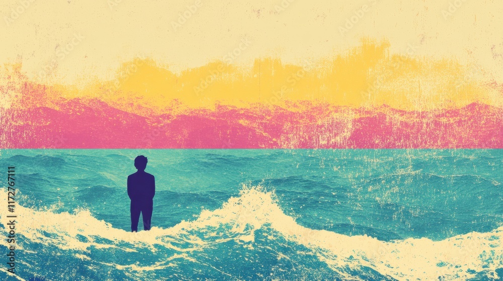 Poster man standing in waves at sunset with vibrant retro colors illuminating the ocean and mountains. gene