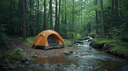 Orange tent camping by forest stream in rain