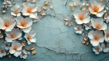 Fototapeta premium Elegant floral design on cracked blue wall still life art creative space calm atmosphere aesthetic view