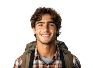 Smiling teenage boy with backpack, cheerful student portrait for education, travel, or youth adventure themes isolated on transparent background